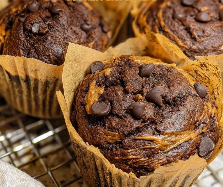 Deliciously moist Chocolate Peanut Butter Muffins in a baking tray.