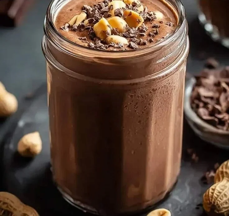 Chocolate peanut butter protein smoothie served in a glass with a straw