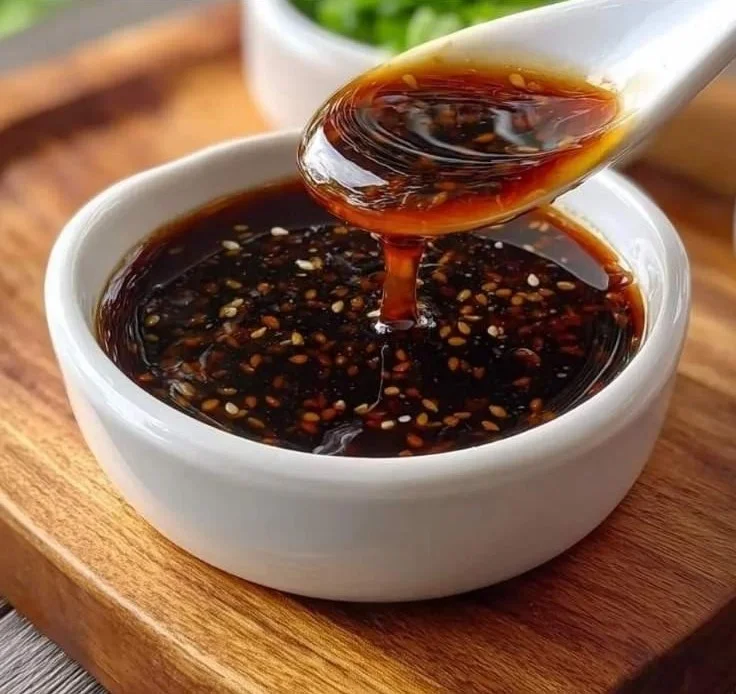 Bottles of classic homemade teriyaki sauce with ingredients on a wooden table.
