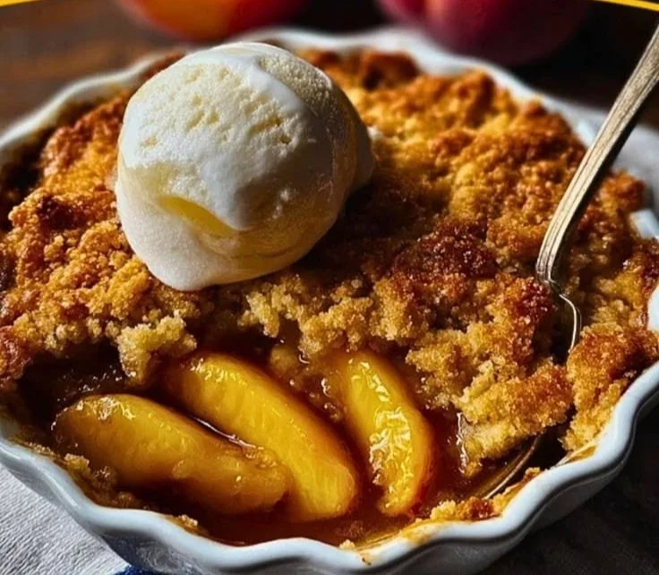 A slice of classic peach cobbler topped with vanilla ice cream on a plate.