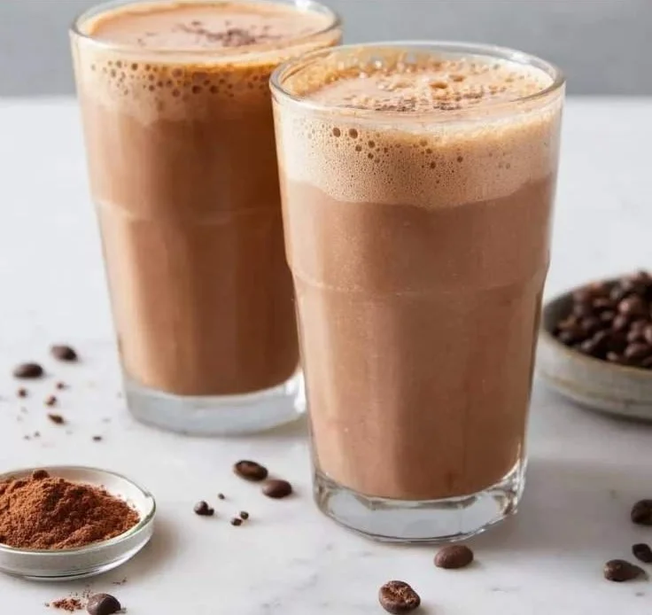 Delicious coffee protein smoothie in a glass with coffee beans and protein powder