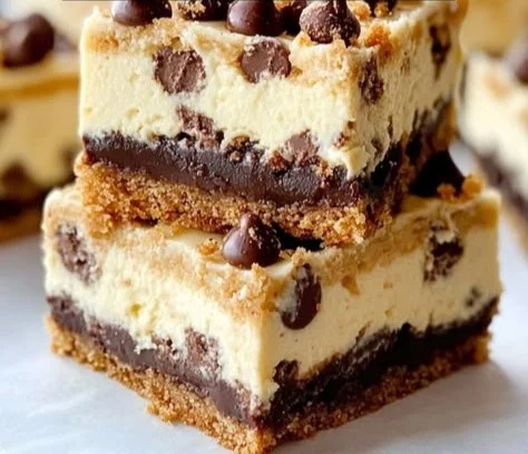 Delicious Cookie Dough Cheesecake Bars with cookie dough topping