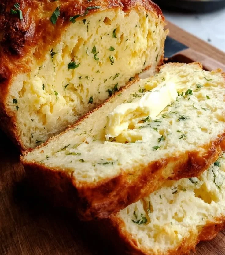 Loaf of freshly baked Cottage Cheese Bread on a wooden cutting board