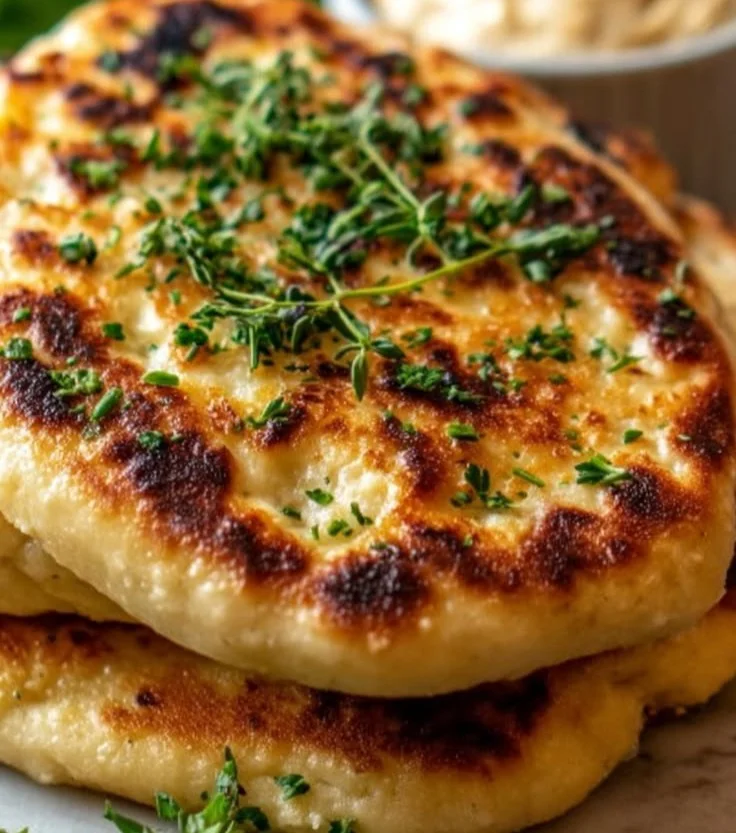 Delicious homemade Cottage Cheese Flatbread topped with fresh herbs.