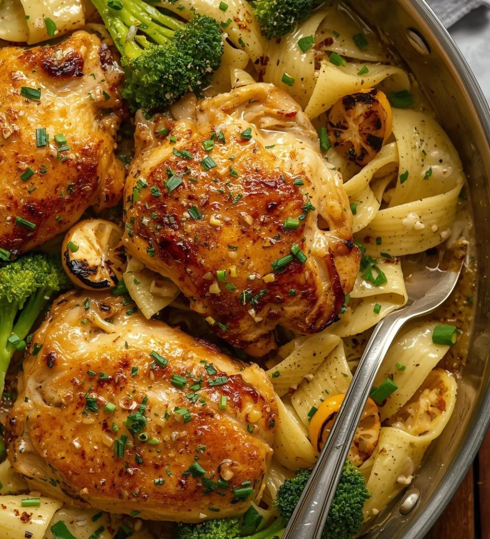 Cowboy Butter Lemon Bowtie Chicken served with fresh broccoli