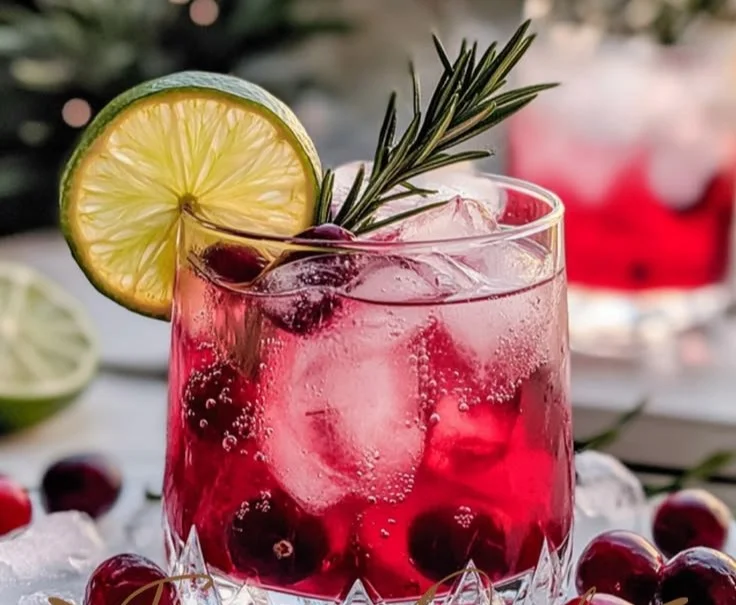 Cranberry Gin and Tonic with Rosemary served in a glass garnished with herbs