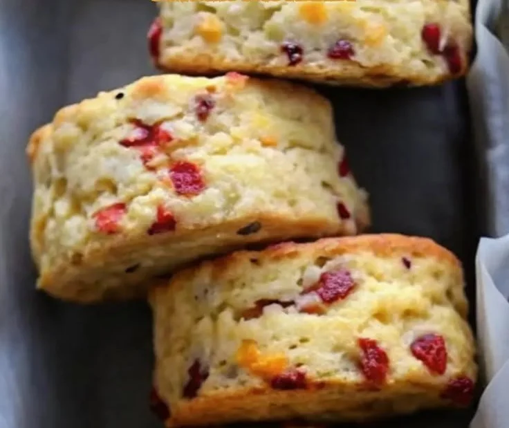 Freshly baked cranberry orange scones on a rustic wooden table.