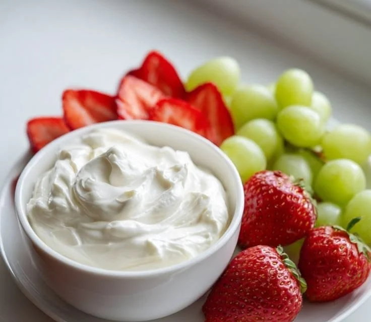 Delicious cream cheese fruit dip served with fresh fruit slices