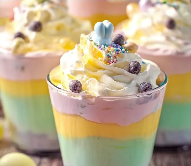 Colorful and creamy Easter Jell-O parfaits in serving cups