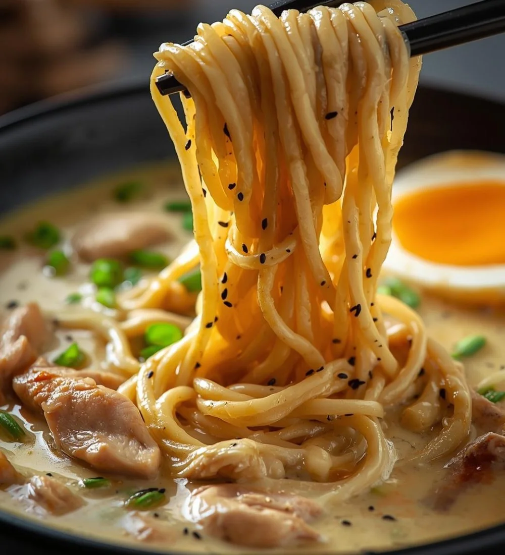 Creamy garlic chicken ramen in a bowl topped with green onions and garlic.