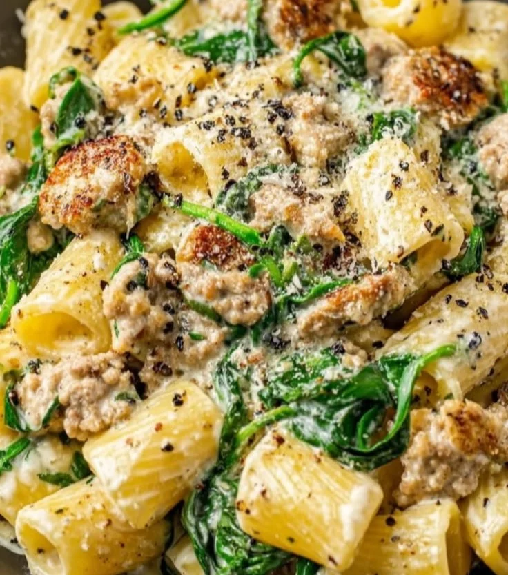 Creamy ground turkey pasta served in a bowl with herbs on top