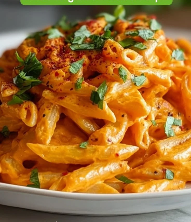 Creamy roasted red pepper pasta dish topped with fresh herbs