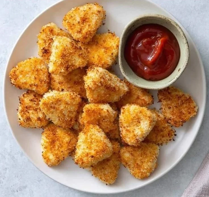 Crispy oven-baked chicken nuggets on a plate served with dipping sauce
