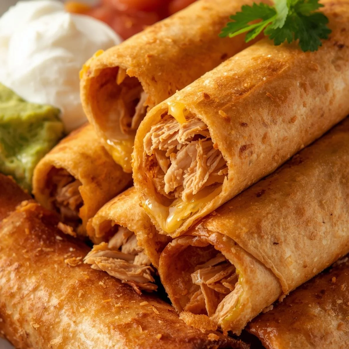 Crispy chicken taquitos arranged on a plate, garnished with salsa and avocado.