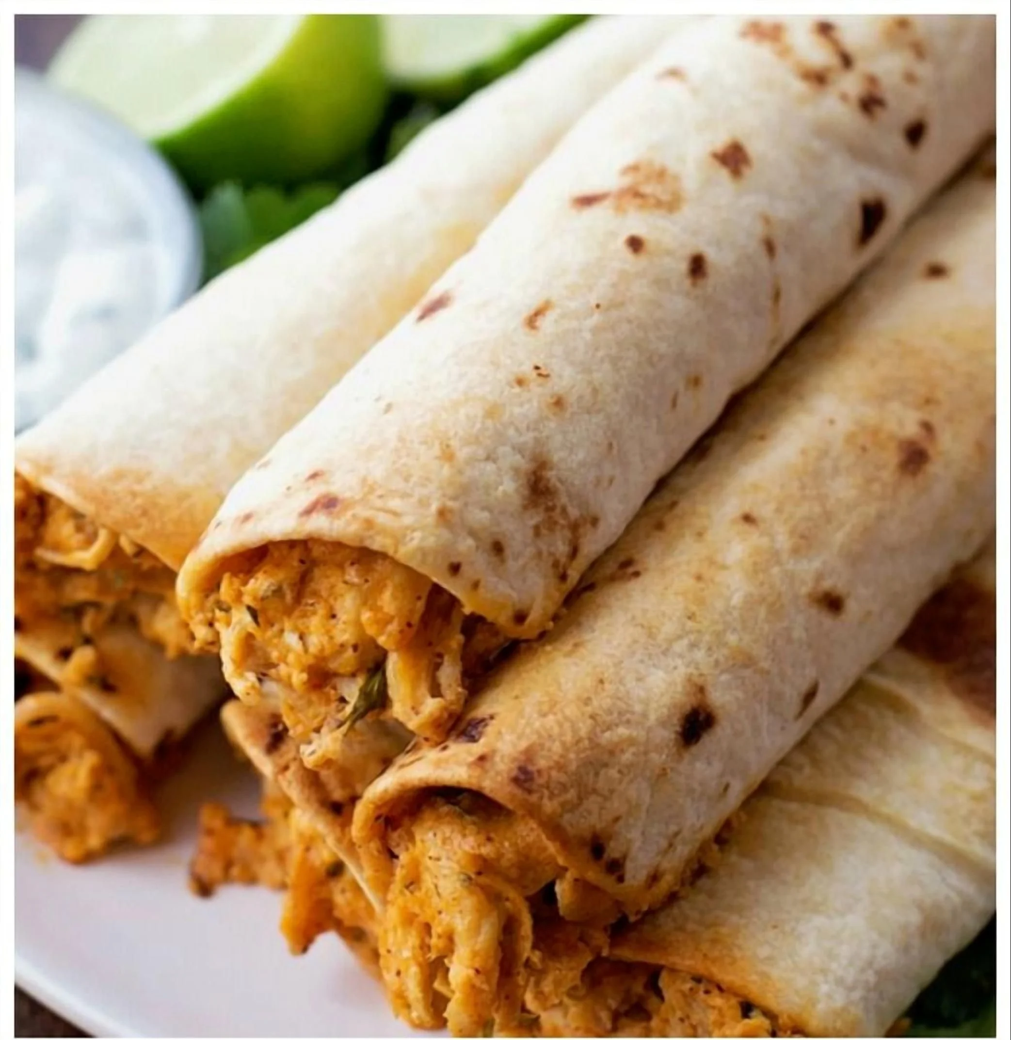 Crispy oven-rolled chicken taquitos on a plate with salsa and toppings.