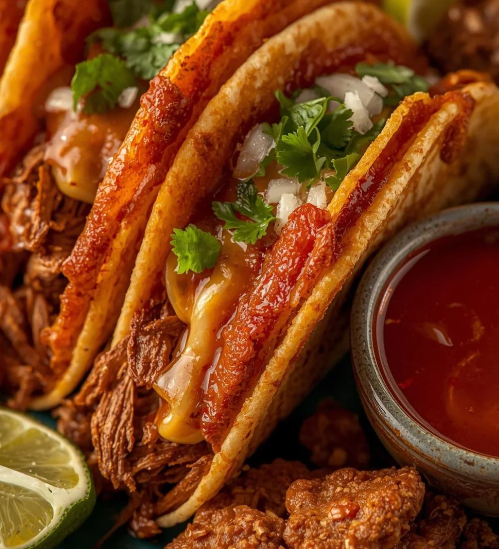 Delicious Crock Pot Birria Tacos served with dipping consomé.