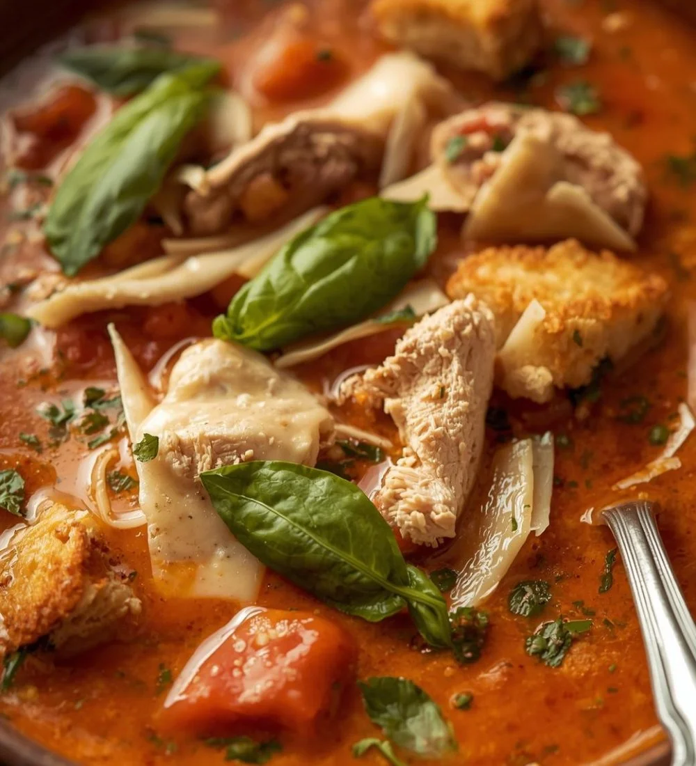 Crock Pot Creamy Chicken Parmesan Soup served in a bowl with cheese and herbs