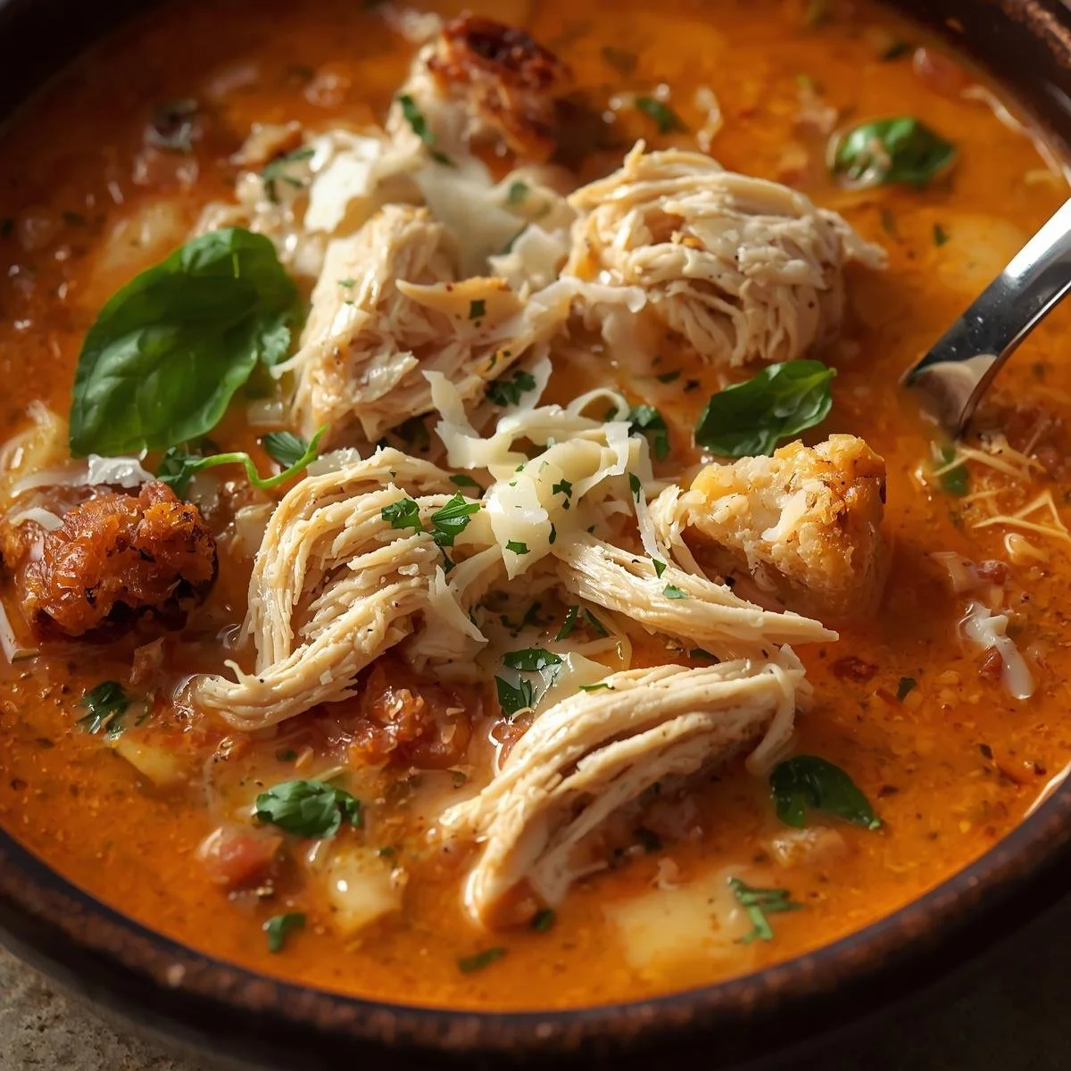 Crock Pot Creamy Chicken Parmesan Soup topped with herbs and cheese.