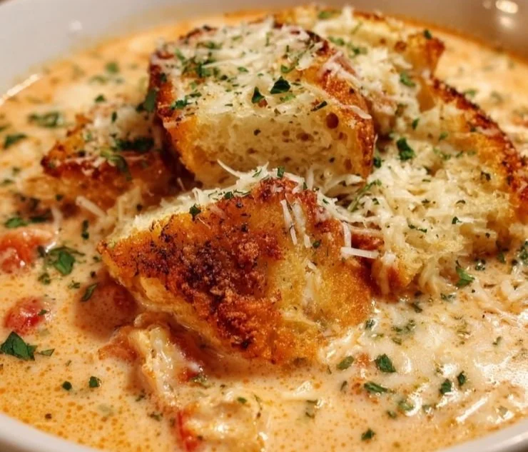 A bowl of Crock Pot Creamy Chicken Parmesan Soup garnished with parsley.