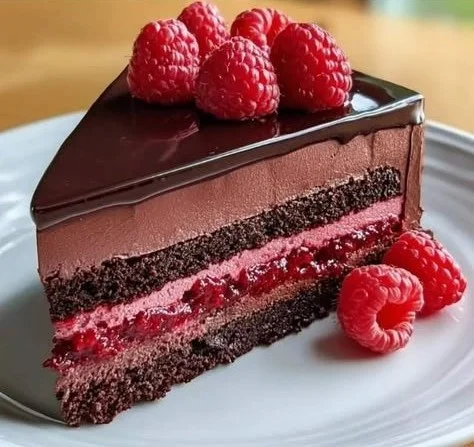 Decadent dark chocolate raspberry mousse cake with layered chocolate and raspberry flavors