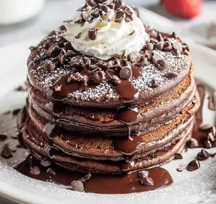 Decadent double chocolate pancakes stacked with chocolate syrup and berries