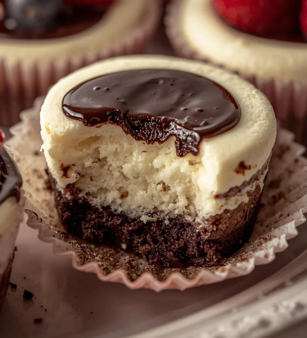 Decadent mini cheesecakes on fudgy brownie bottoms, a perfect dessert treat