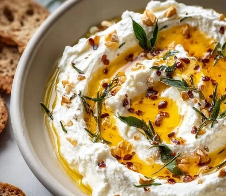 Delicious ricotta dip with hot honey served in a bowl.