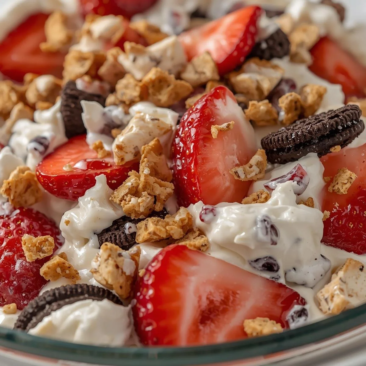Delicious strawberry crack salad with fresh strawberries and crunchy toppings