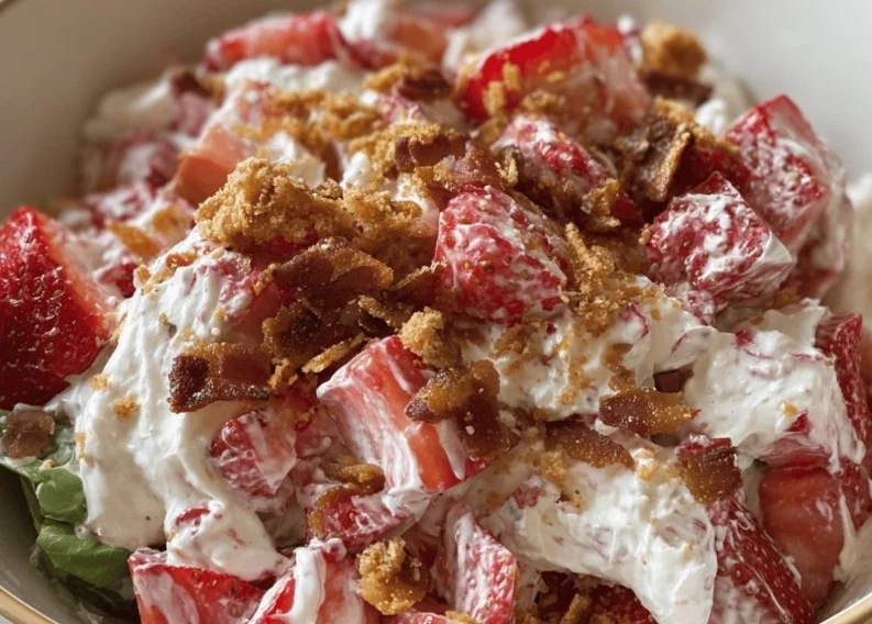 Bowl of delicious strawberry crack salad with fresh strawberries and nuts