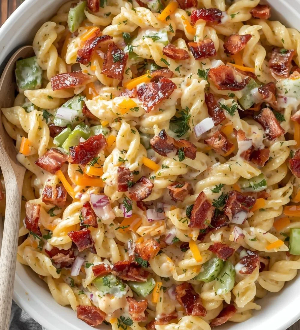 Dill Pickle Bacon Pasta Salad, a delicious and unique dish with creamy dressing and crunchy pickles.