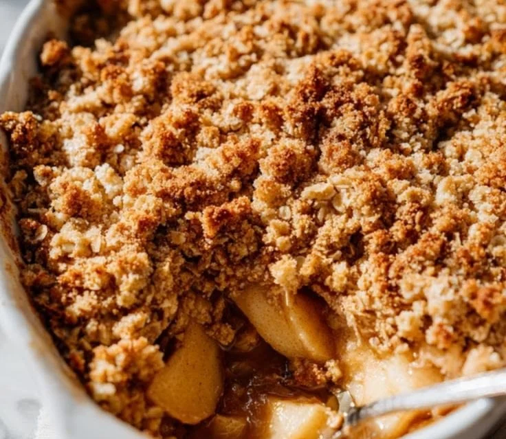 Bowl of easy apple crisp topped with ice cream and cinnamon