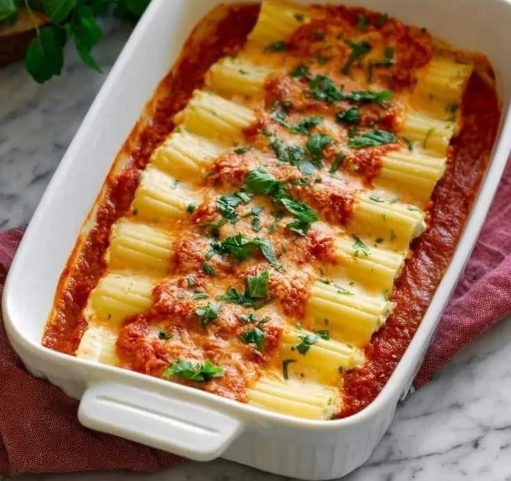 Delicious easy cheesy baked manicotti served with marinara sauce and cheese
