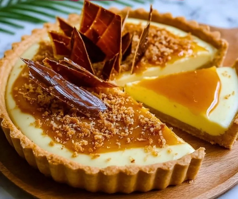 Eggnog Crème Tart topped with caramel shards, a festive holiday dessert.