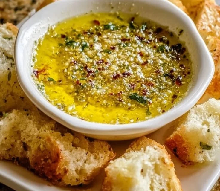 A bowl of garlic olive oil dip served with fresh bread and herbs.