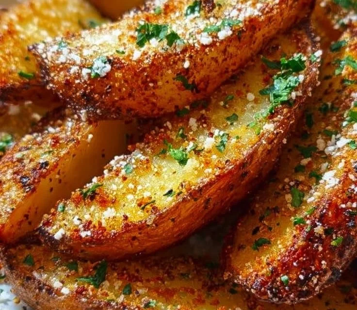 Crispy Garlic Parmesan Potato Wedges served with dipping sauce