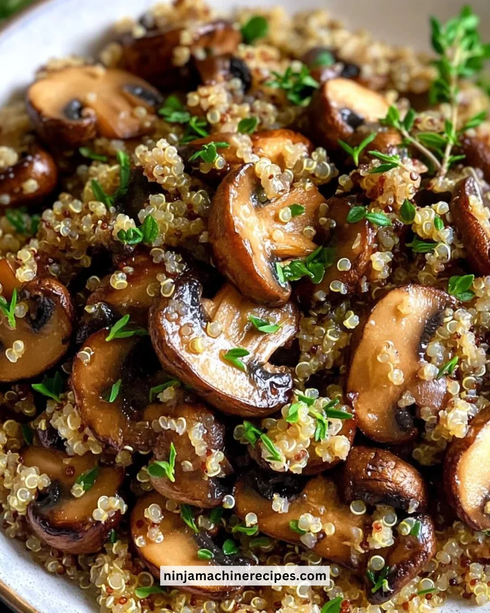 Delicious garlicky mushroom quinoa dish served in a bowl