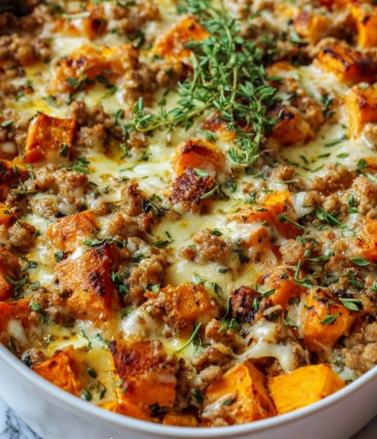 Ground Turkey Sweet Potato Bake topped with herbs and spices