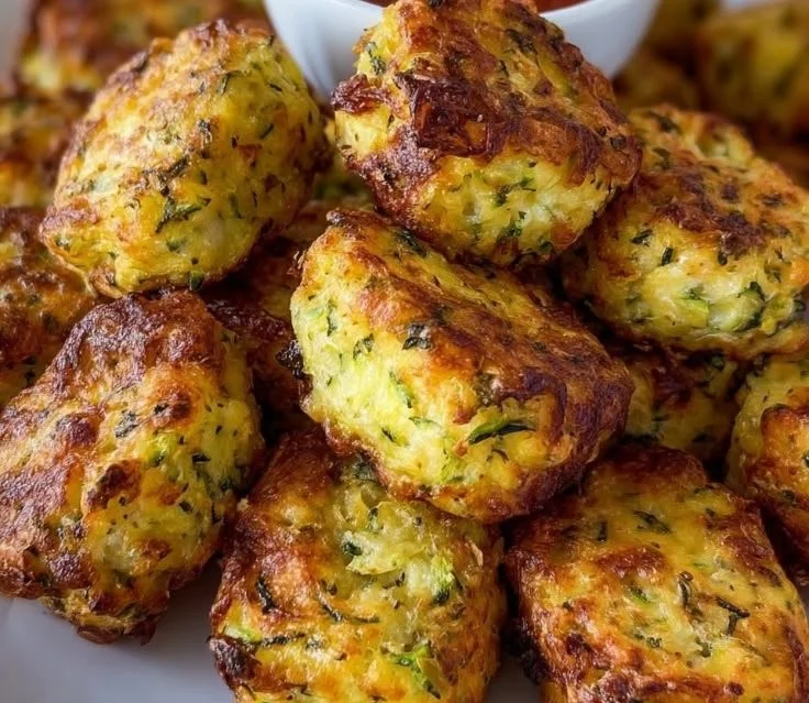 Baked healthy zucchini tots on a serving platter garnished with herbs.