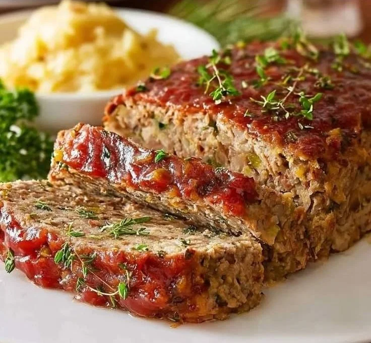 Hearty turkey stuffing meatloaf topped with cranberry glaze, served on a plate.