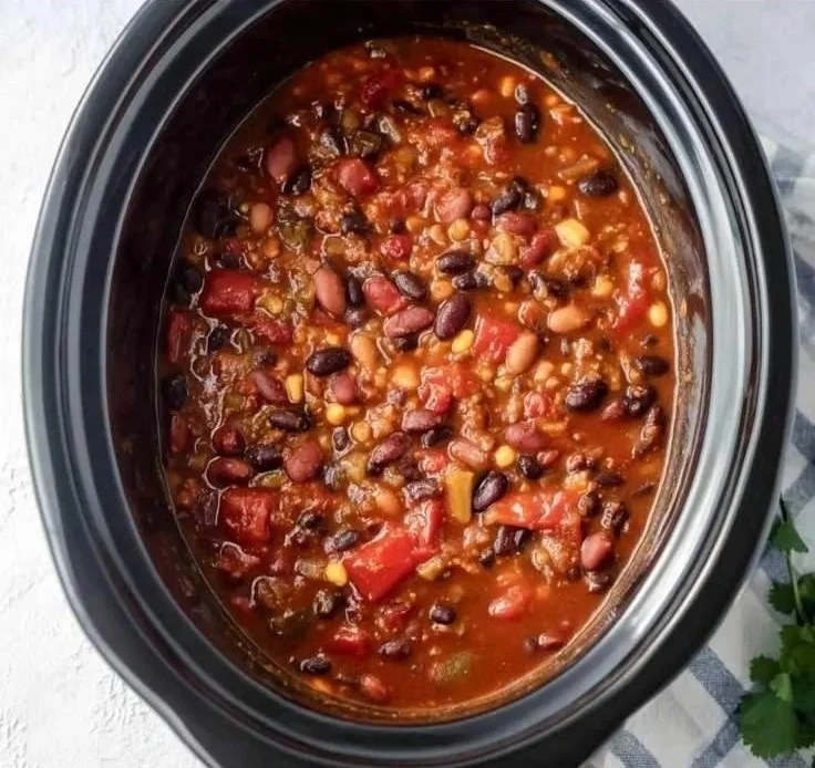 Bowl of hearty weeknight crockpot vegetarian chili with fresh ingredients