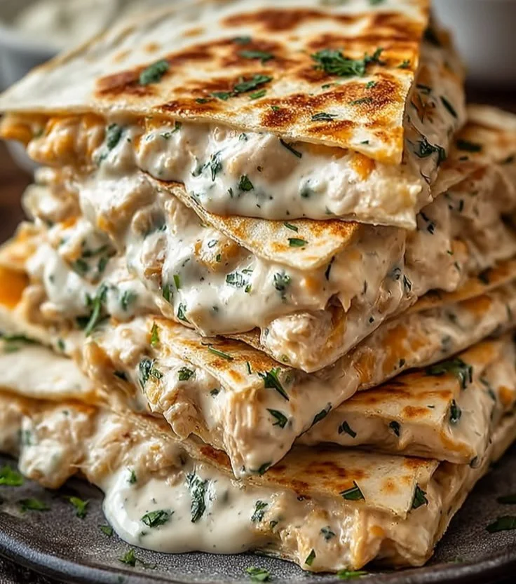 High protein chicken ranch quesadillas with melted cheese and fresh ingredients