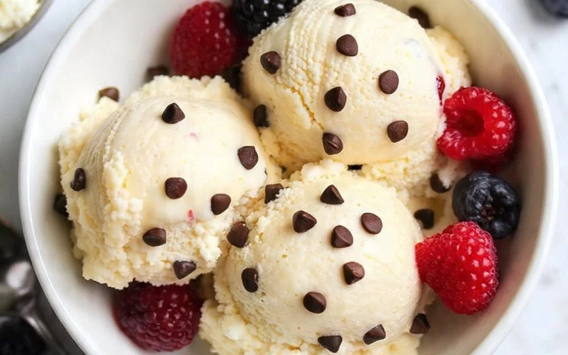 Bowl of high-protein cottage cheese ice cream topped with fresh berries