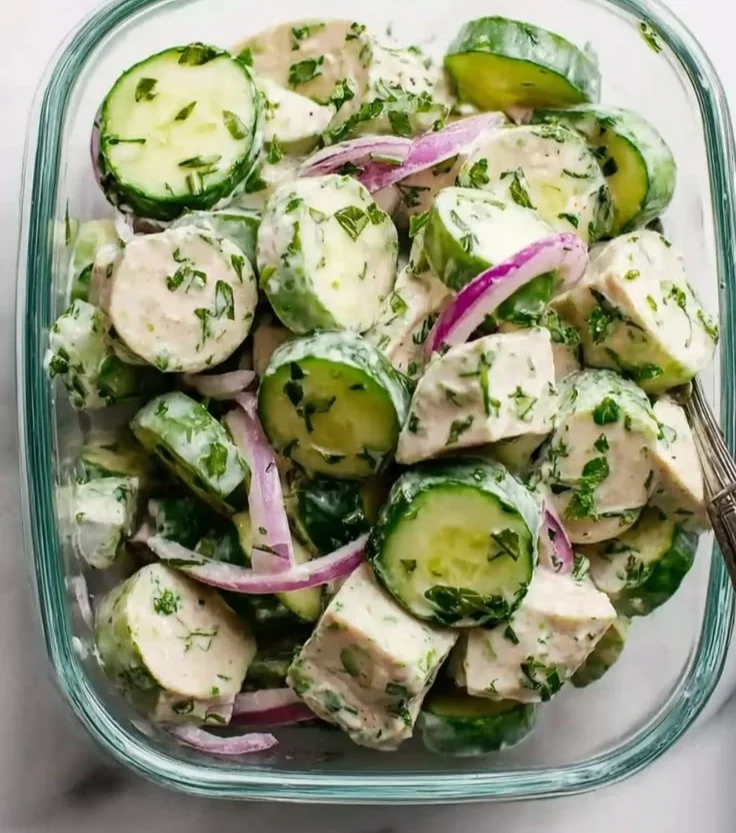 High-protein cucumber salad with fresh ingredients and vibrant colors