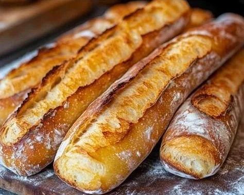 Homemade baguette fresh out of the oven, golden and crusty.