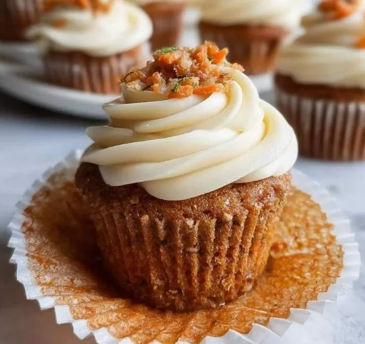 Delicious homemade carrot cupcakes topped with cream cheese frosting