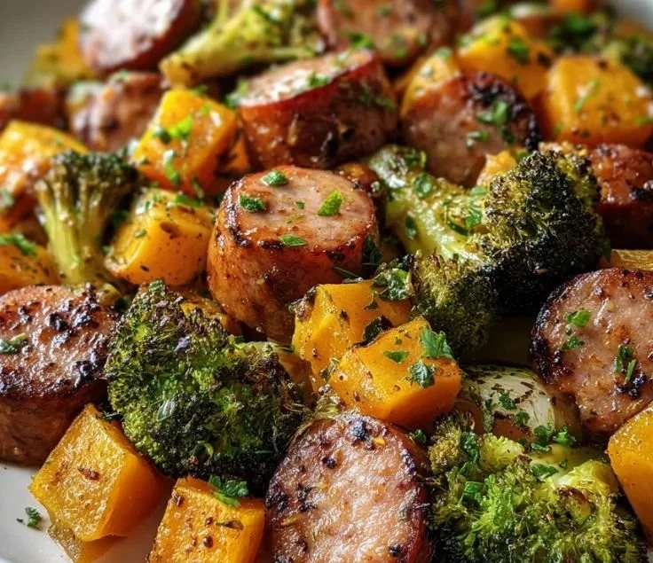 Honey Garlic Sheet Pan Sausage cooked with vegetables on a baking tray