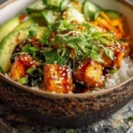 Honey glazed salmon rice bowl with colorful vegetables and a delicious sauce