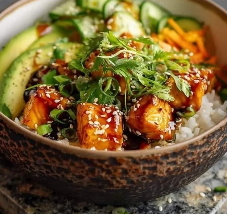 Honey glazed salmon rice bowl with colorful vegetables and a delicious sauce