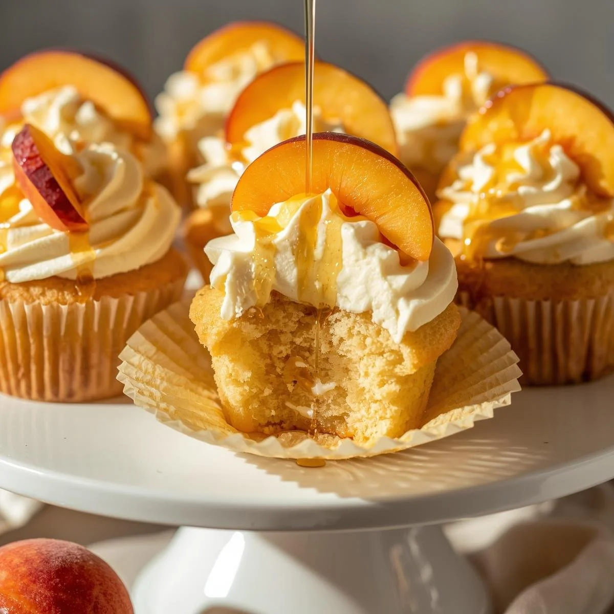 Delicious Honey Peach Cream Cheese Cupcakes topped with creamy frosting