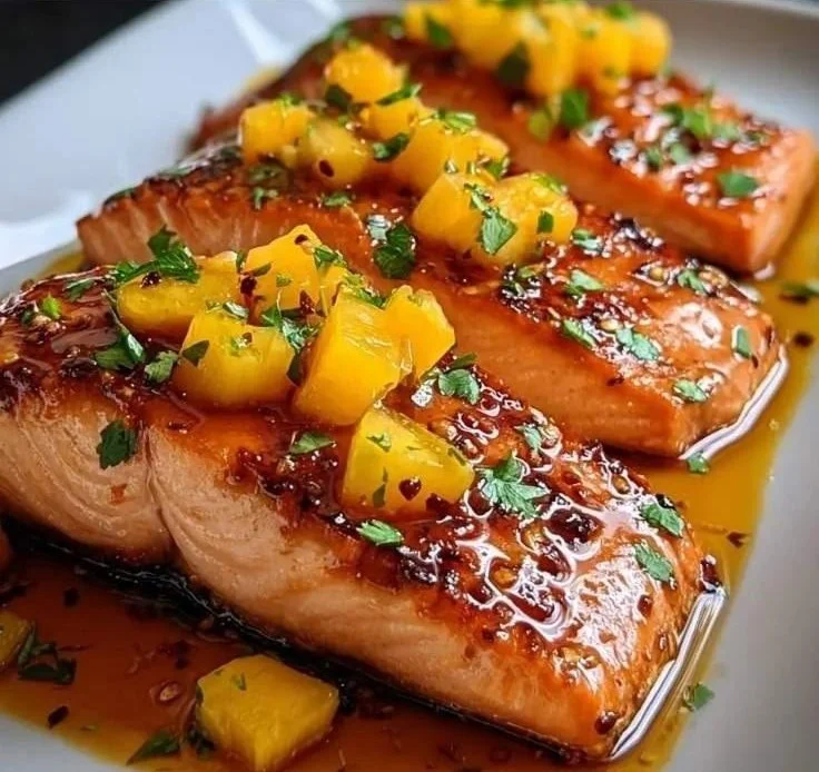 Honey Pineapple Glazed Salmon fillet garnished with pineapple and herbs